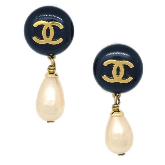 Chanel Artificial Pearl Dangle Earrings Clip-On Gold 94A - Picture 1 of 4